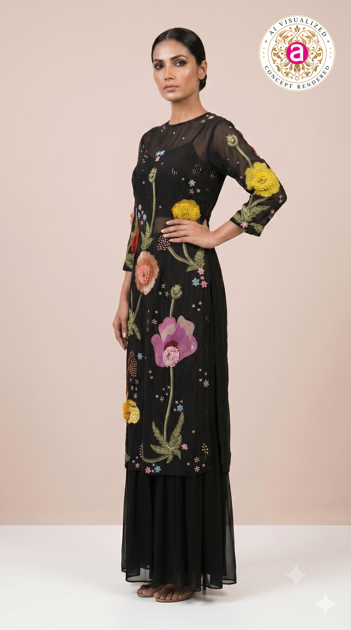 Black Floral Embroidered Kurta Set with Palazzo