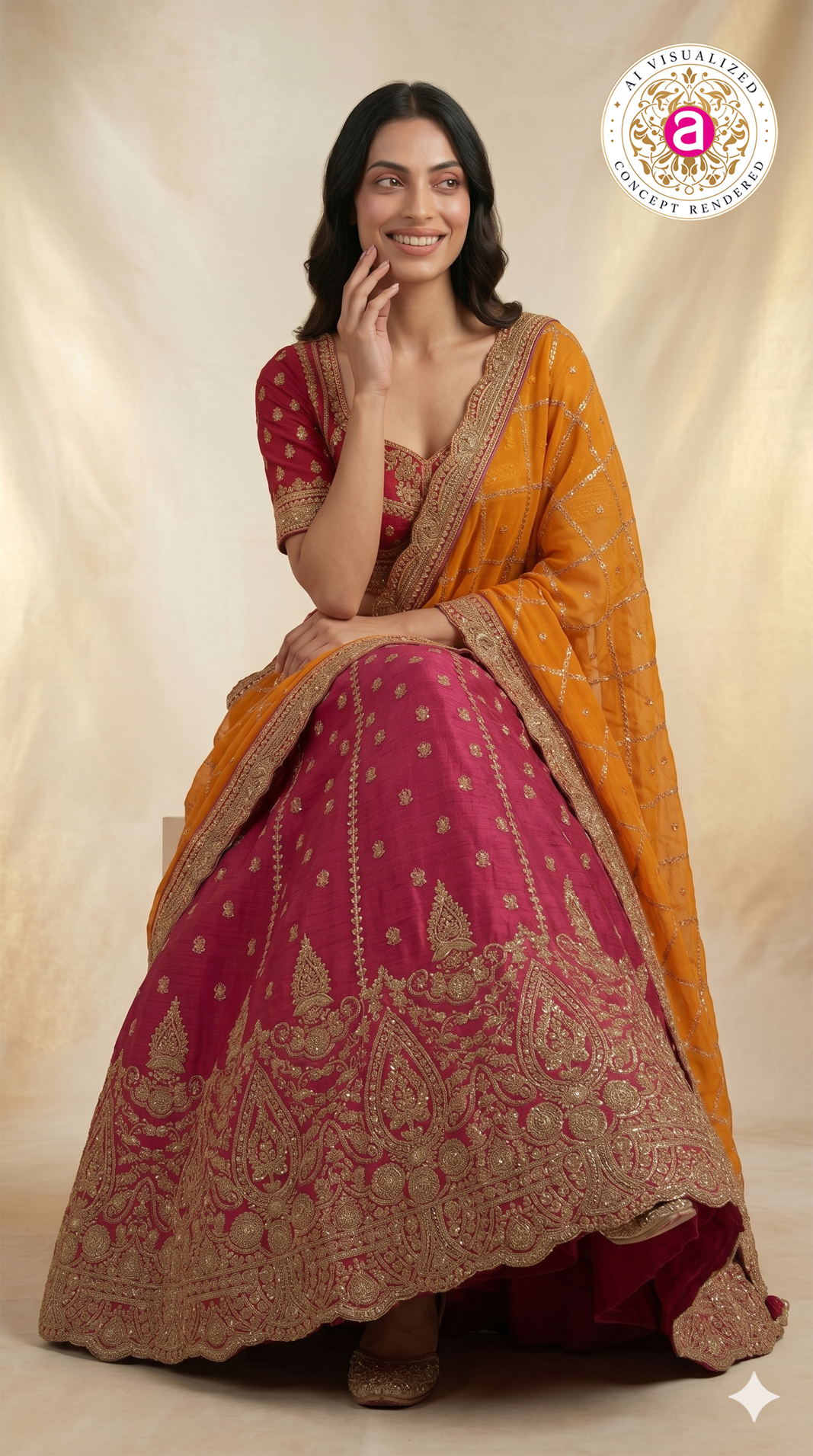 Rani Pink Bridal Lehenga Set with Orange Embroidered Dupatta & Royal Zari Heritage Work