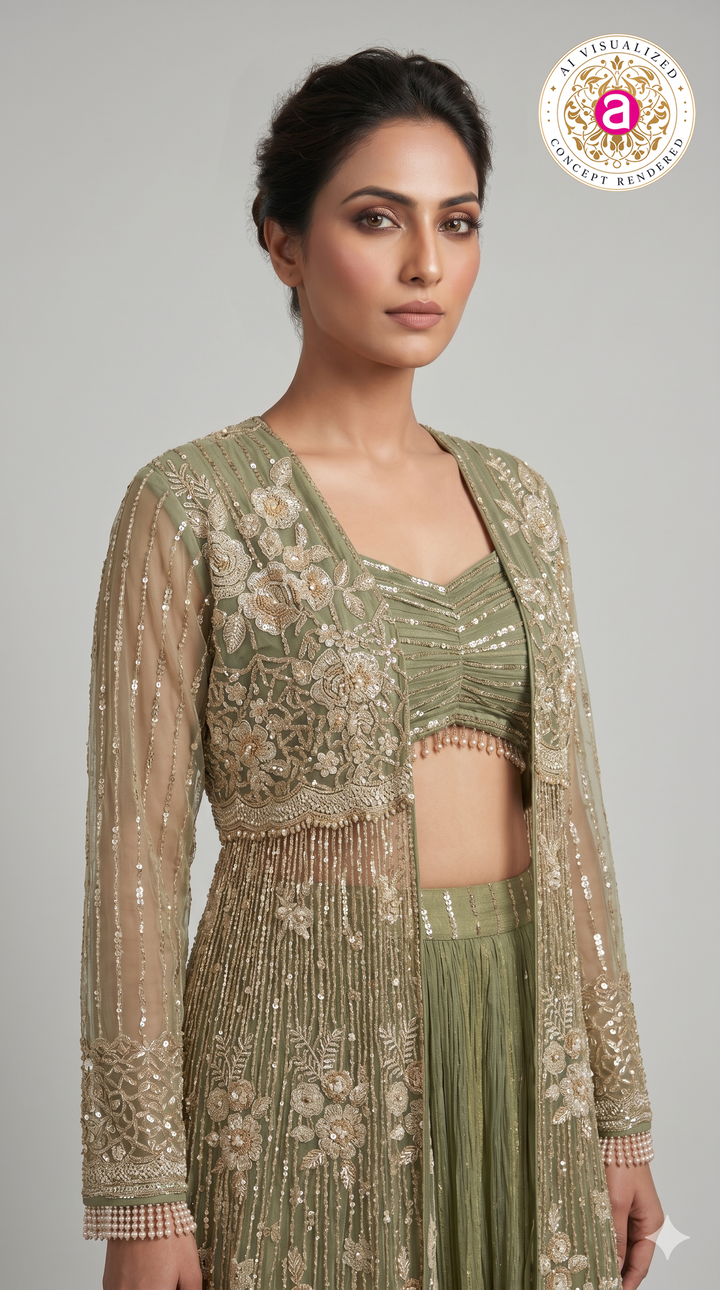 Sage Green Embroidered Jacket Style Lehenga Set with Bralette