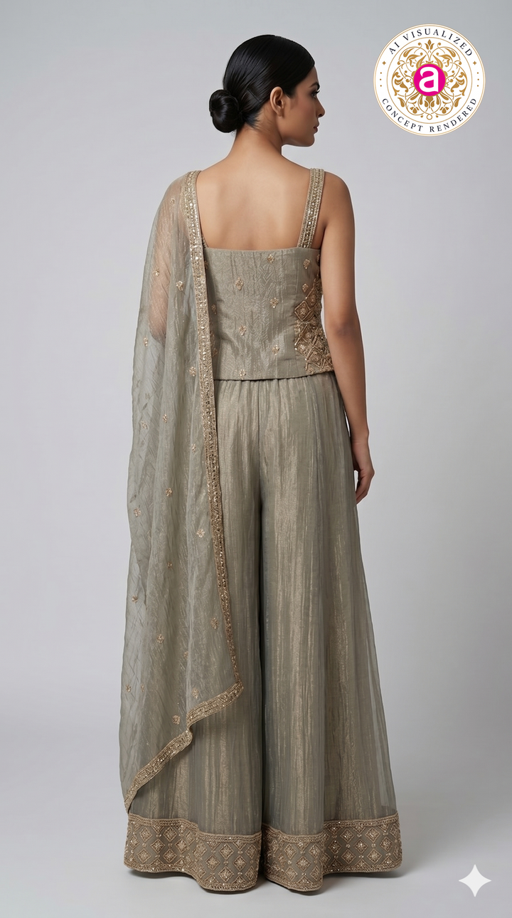 Smoke Grey Embellished Palazzo Set with Handcrafted Bodice & Organza Dupatta