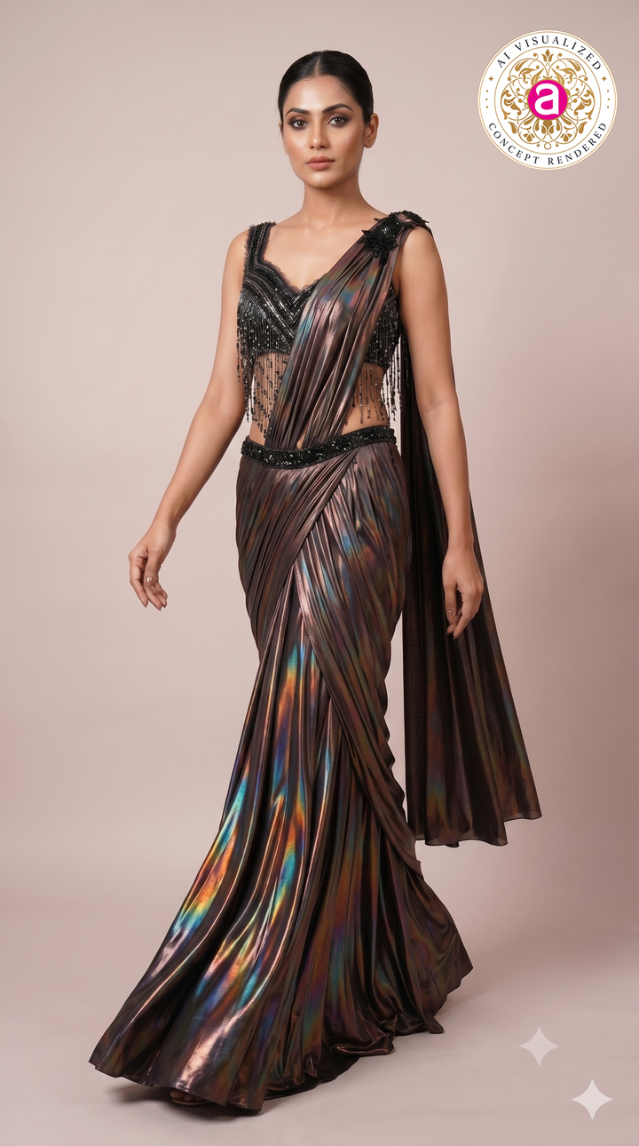 Midnight Prism Ready-to-Wear Metallic Saree with Fringe Designer Blouse