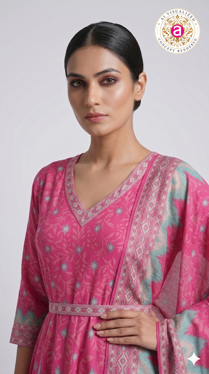 Rani Pink Ikat Inspired Anarkali Suit Set with Designer Dupatta