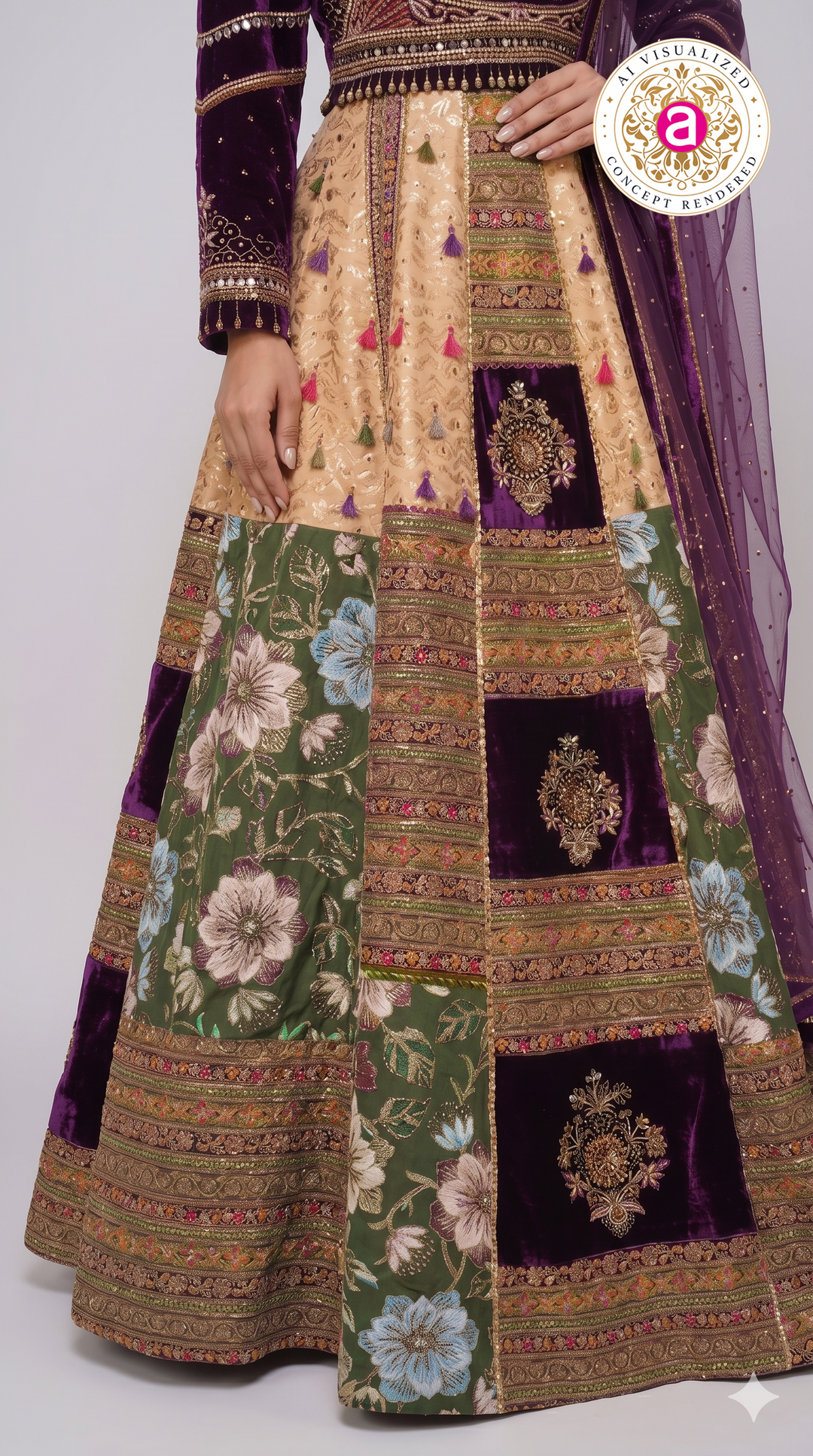 Royal Purple Velvet & Floral Panel Designer Lehenga Set with Embroidered Dupatta