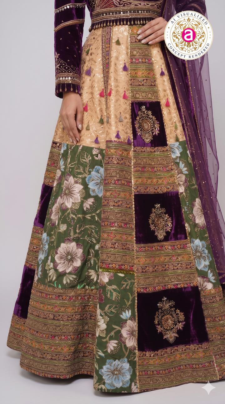 Royal Purple Velvet & Floral Panel Designer Lehenga Set with Embroidered Dupatta