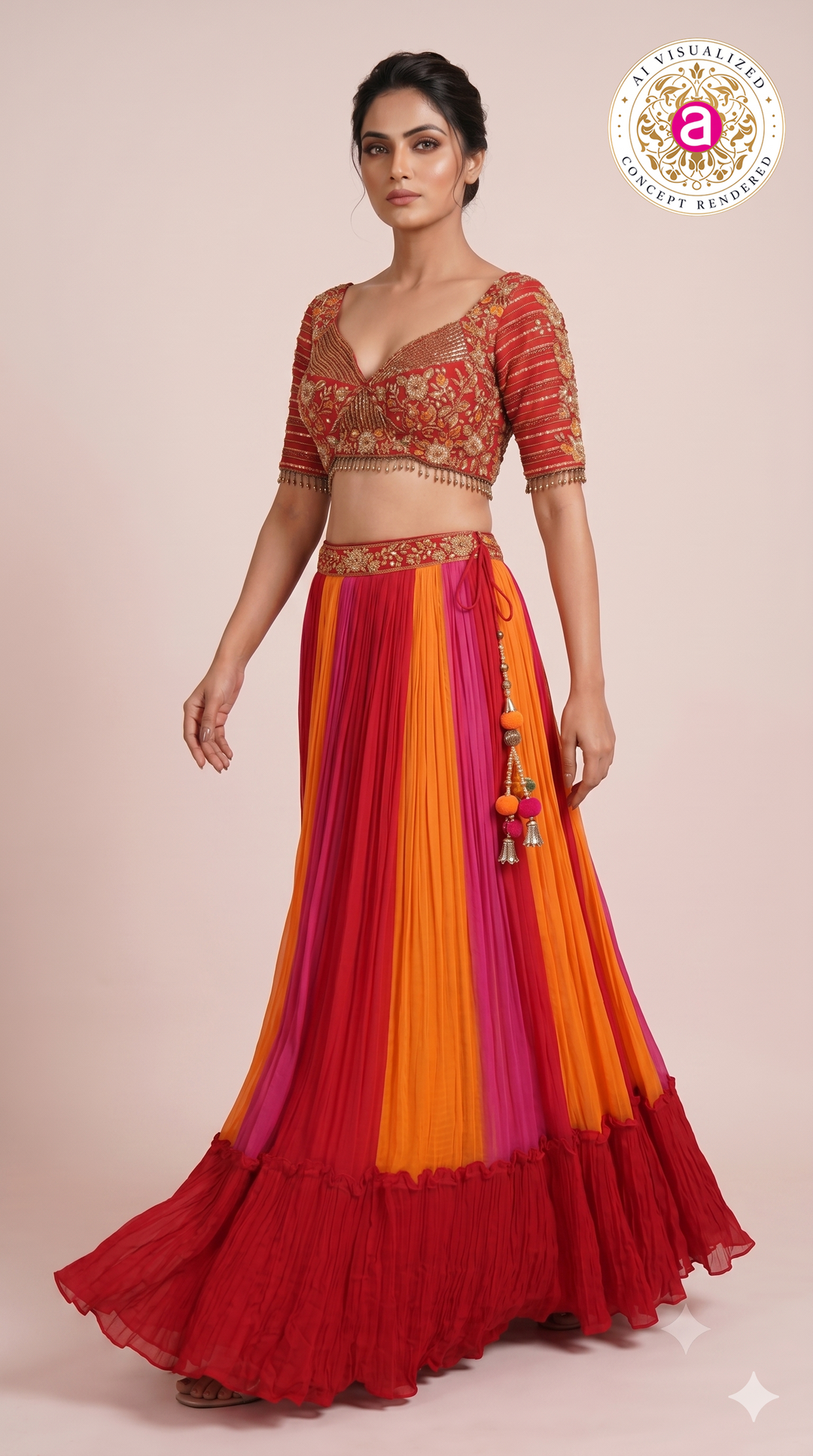 Multicolor Pleated Lehenga Set with Embroidered Blouse