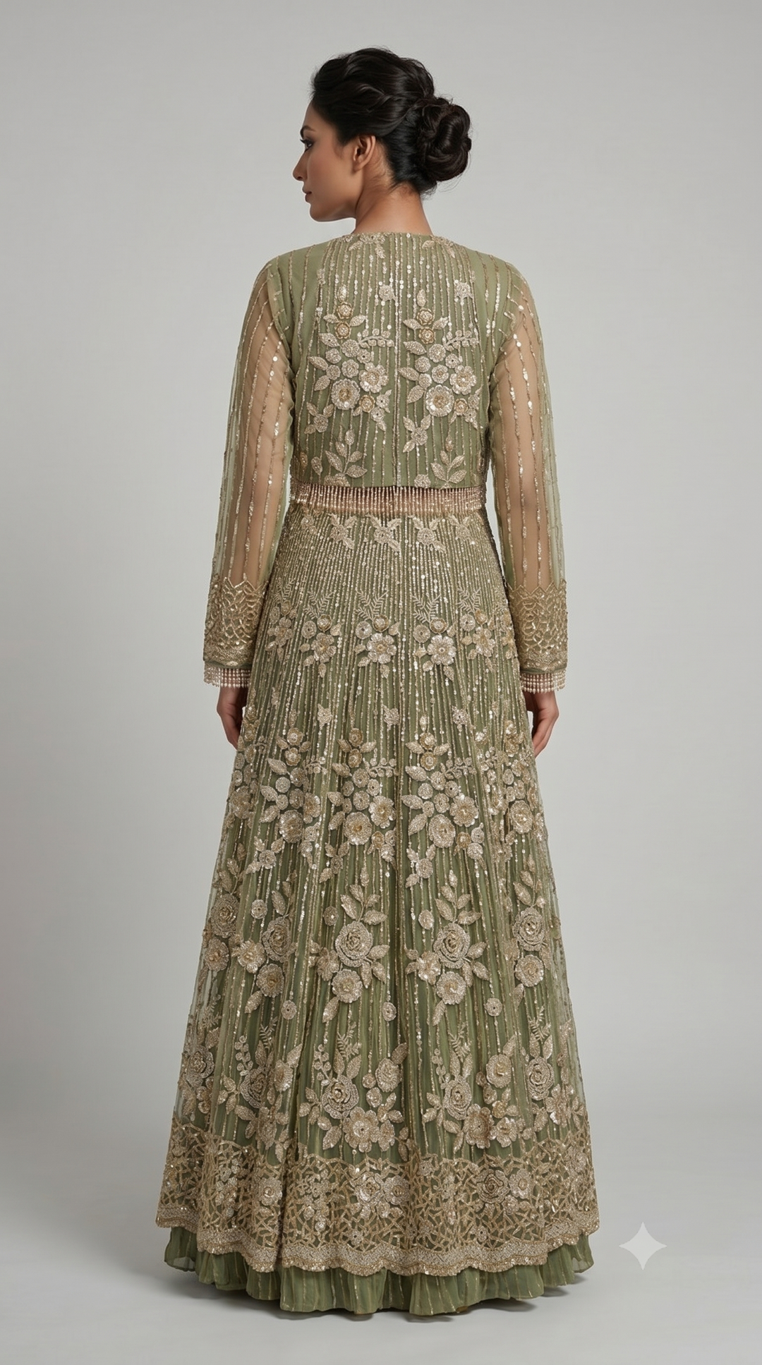 Sage Green Embroidered Jacket Style Lehenga Set with Bralette