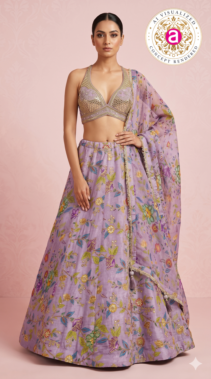 Lavender Floral Embroidered Designer Lehenga Choli with Printed Organza Dupatta