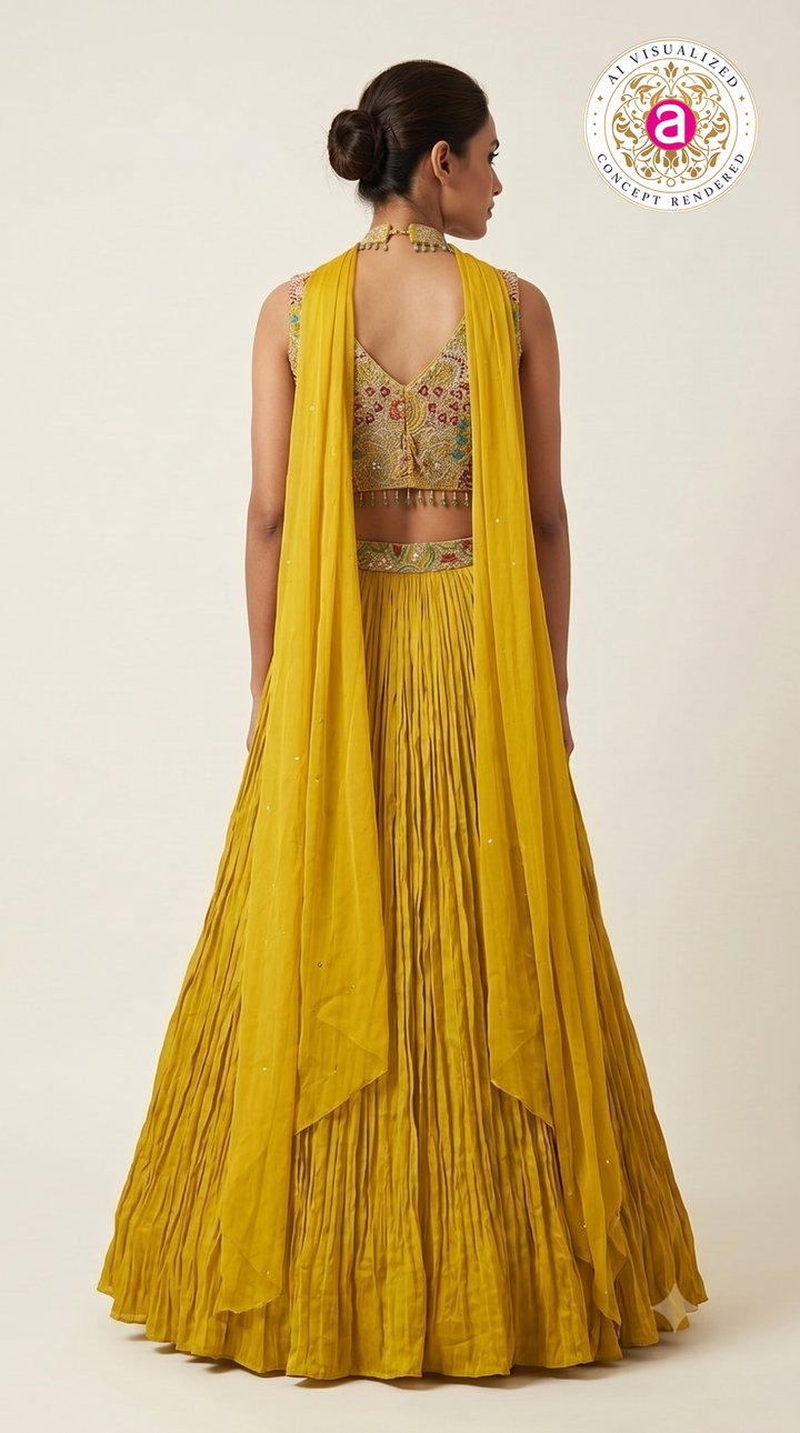 Sunshine Yellow Crushed Silk Festive Lehenga Set