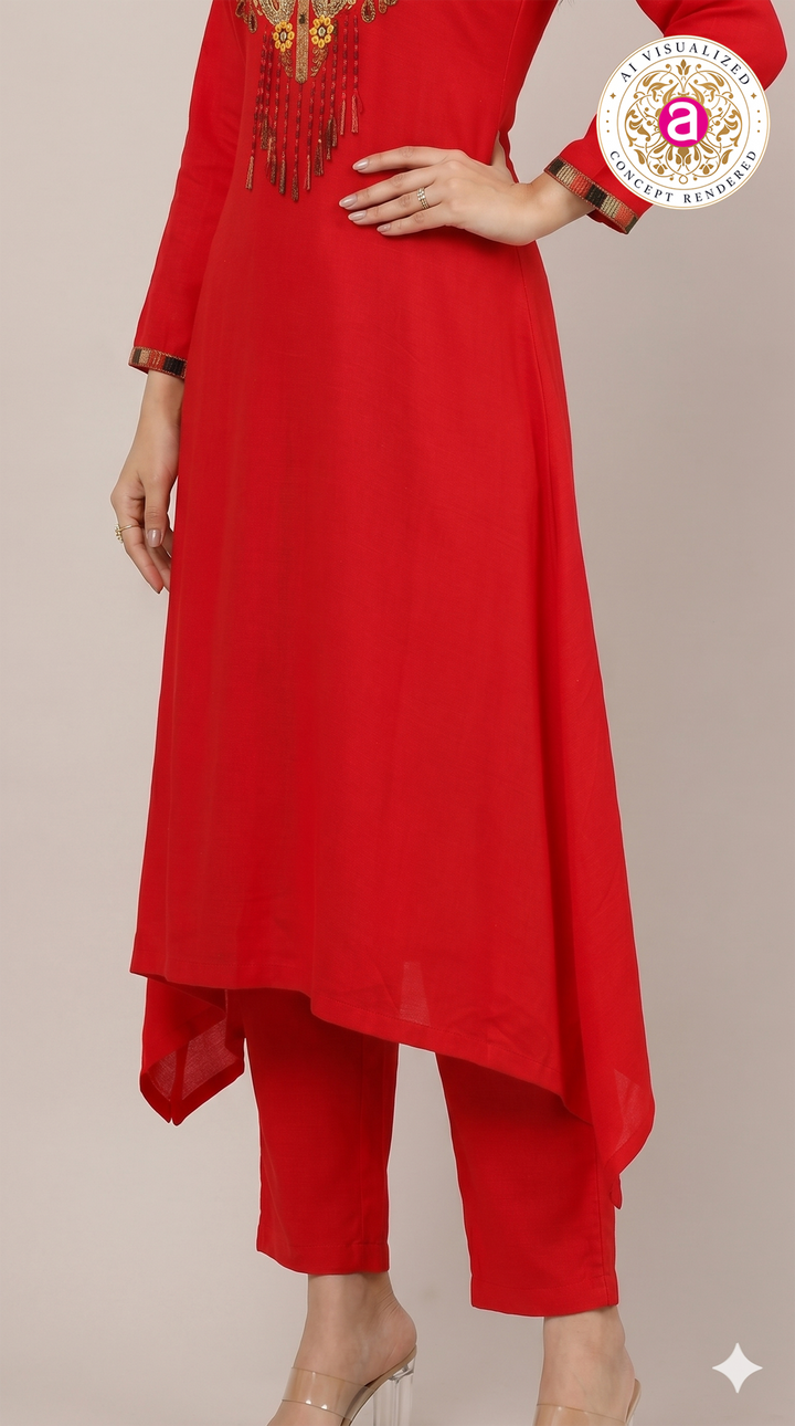 Red Handwork Kurta Pant Set
