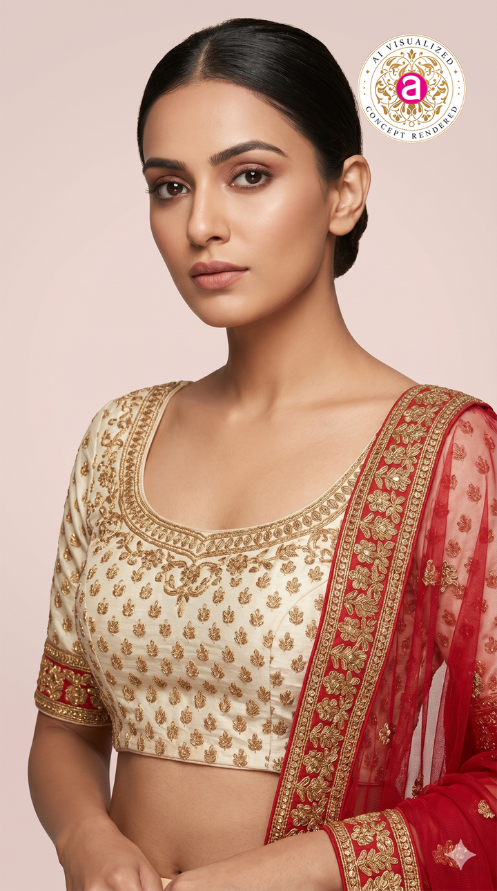 Ivory White & Maroon Designer Bridal Lehenga Set with Heavy Zari Embroidery & Net Dupatta