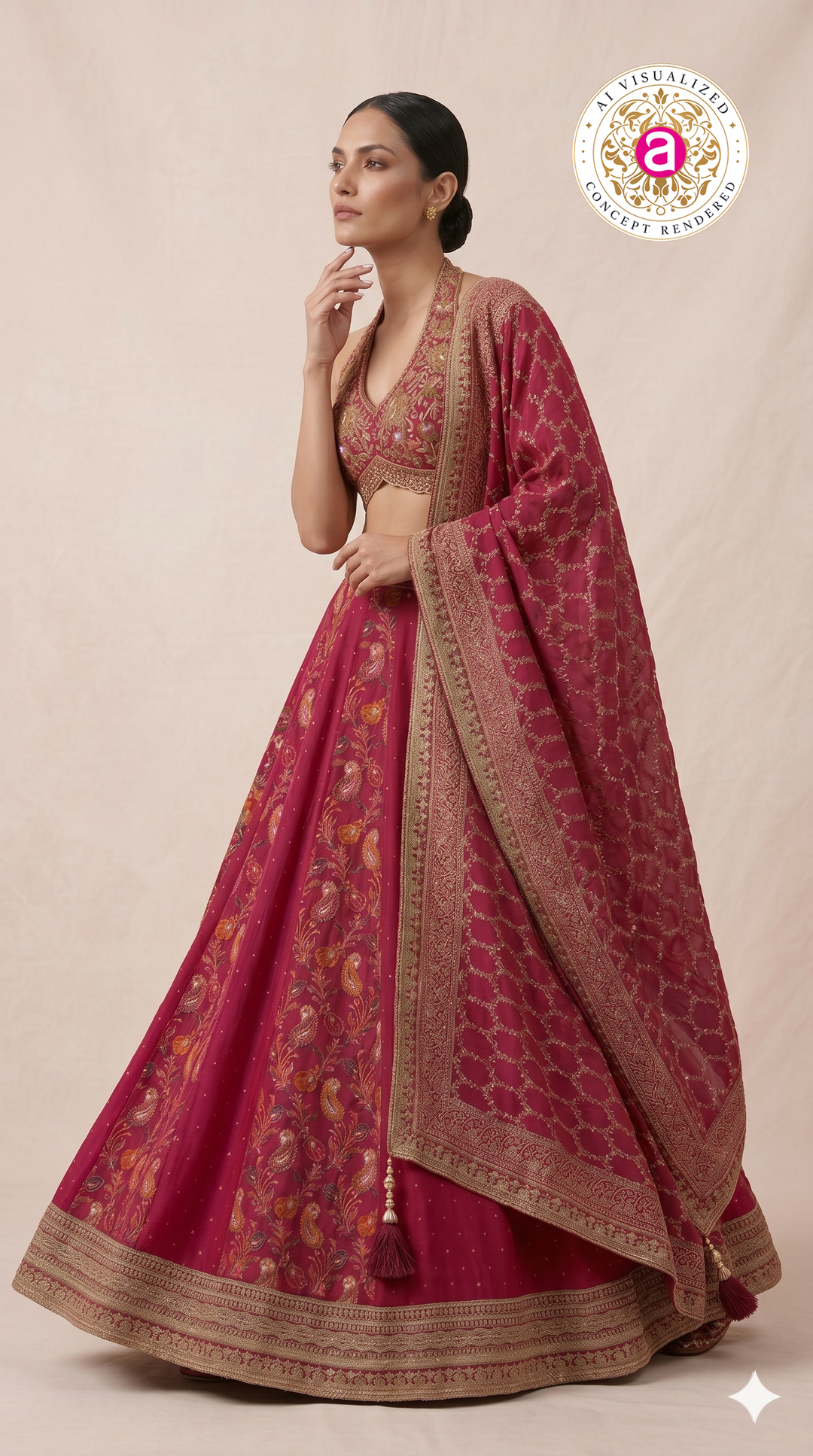 Rani Pink Embroidered Lehenga Set with Halter Neck Designer Blouse & Dupatta