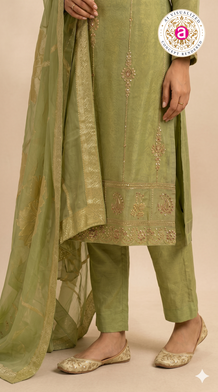 Sage Green Embroidered Straight Kurta Set with Dupatta