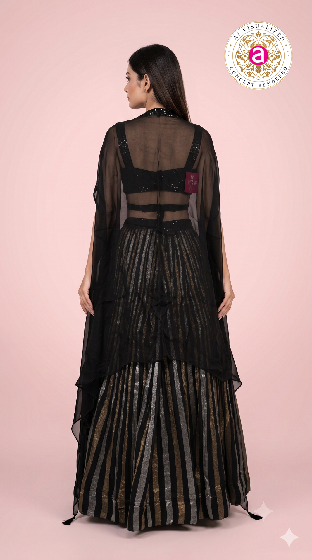Black Striped Palazzo Set with Sequin Blouse & Cape
