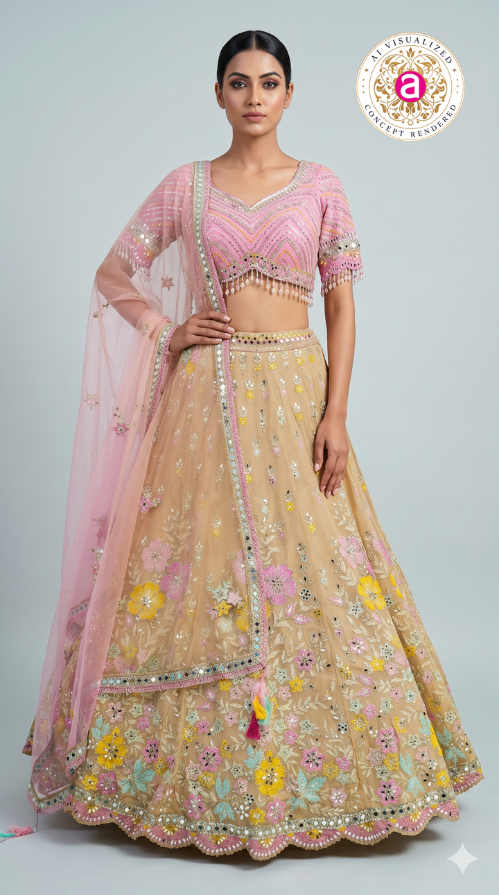 Pastel Beige Floral Embroidered Lehenga Choli with Pink Designer Blouse & Sheer Dupatta