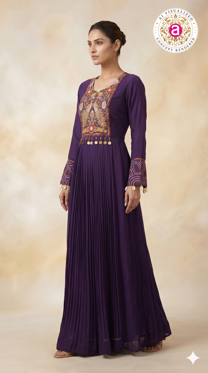 Royal Purple Embroidered Pleated Anarkali Gown
