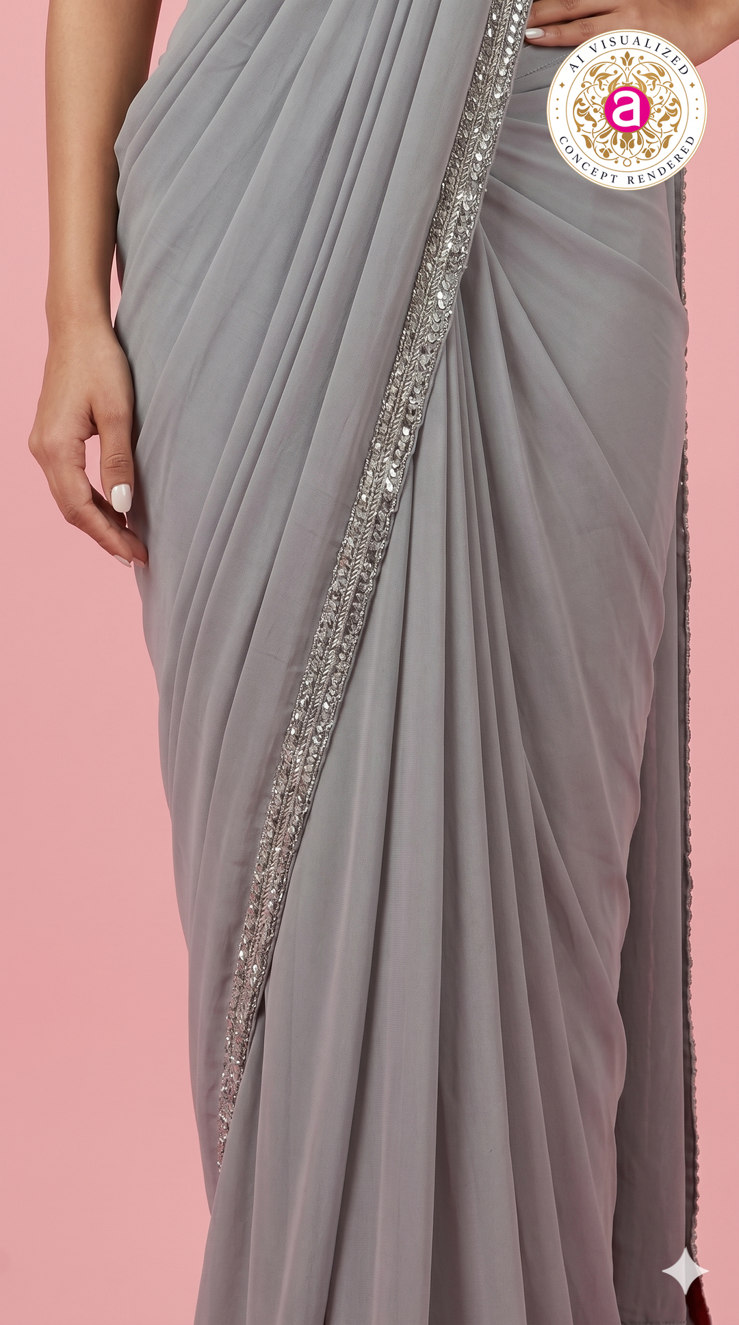 Steel Grey Ready-to-Wear Saree with Sequined Designer Blouse & Elegant Border