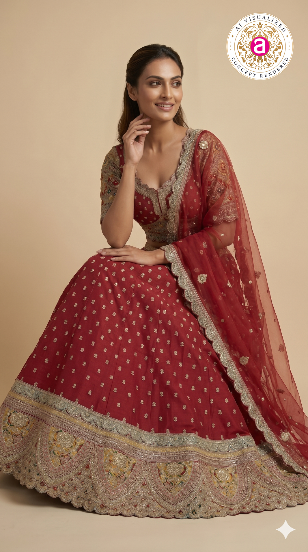 Ruby Red Bridal Lehenga Set with Heritage Embroidered Border & Designer Net Dupatta