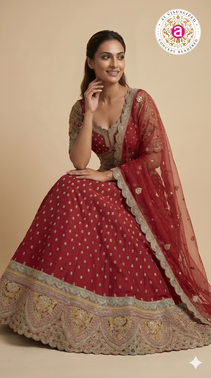 Ruby Red Bridal Lehenga Set with Heritage Embroidered Border & Designer Net Dupatta