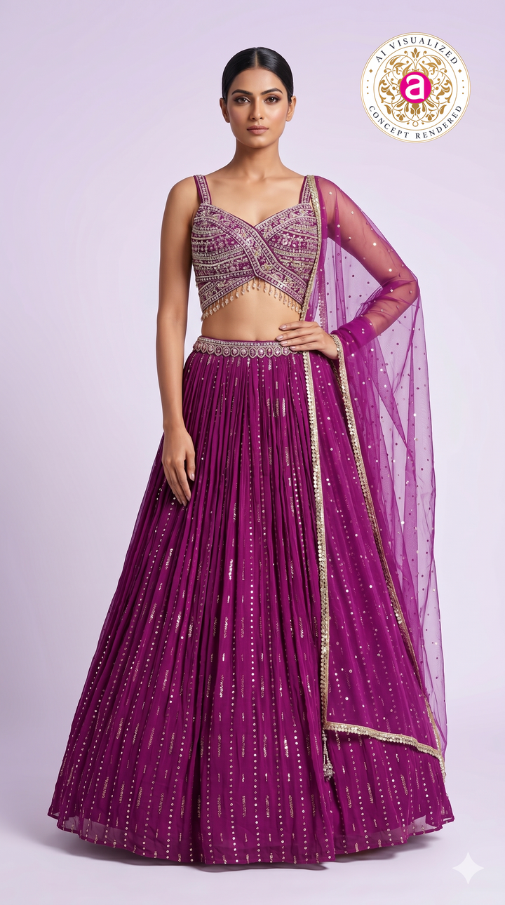 Deep Wine Pleated Lehenga Choli with Embellished Cross Blouse & Sheer Dupatta