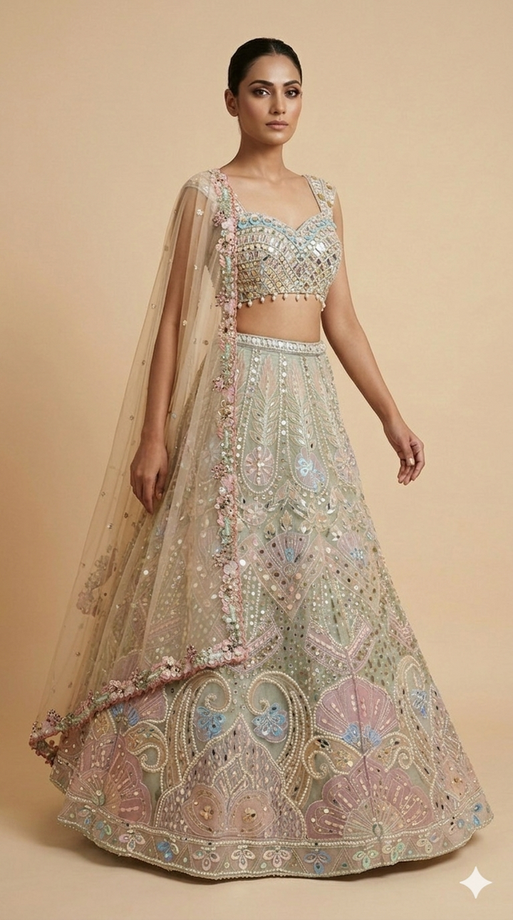 Pastel Sage Designer Lehenga Set with Mirror Embroidery & Floral Embellished Dupatta