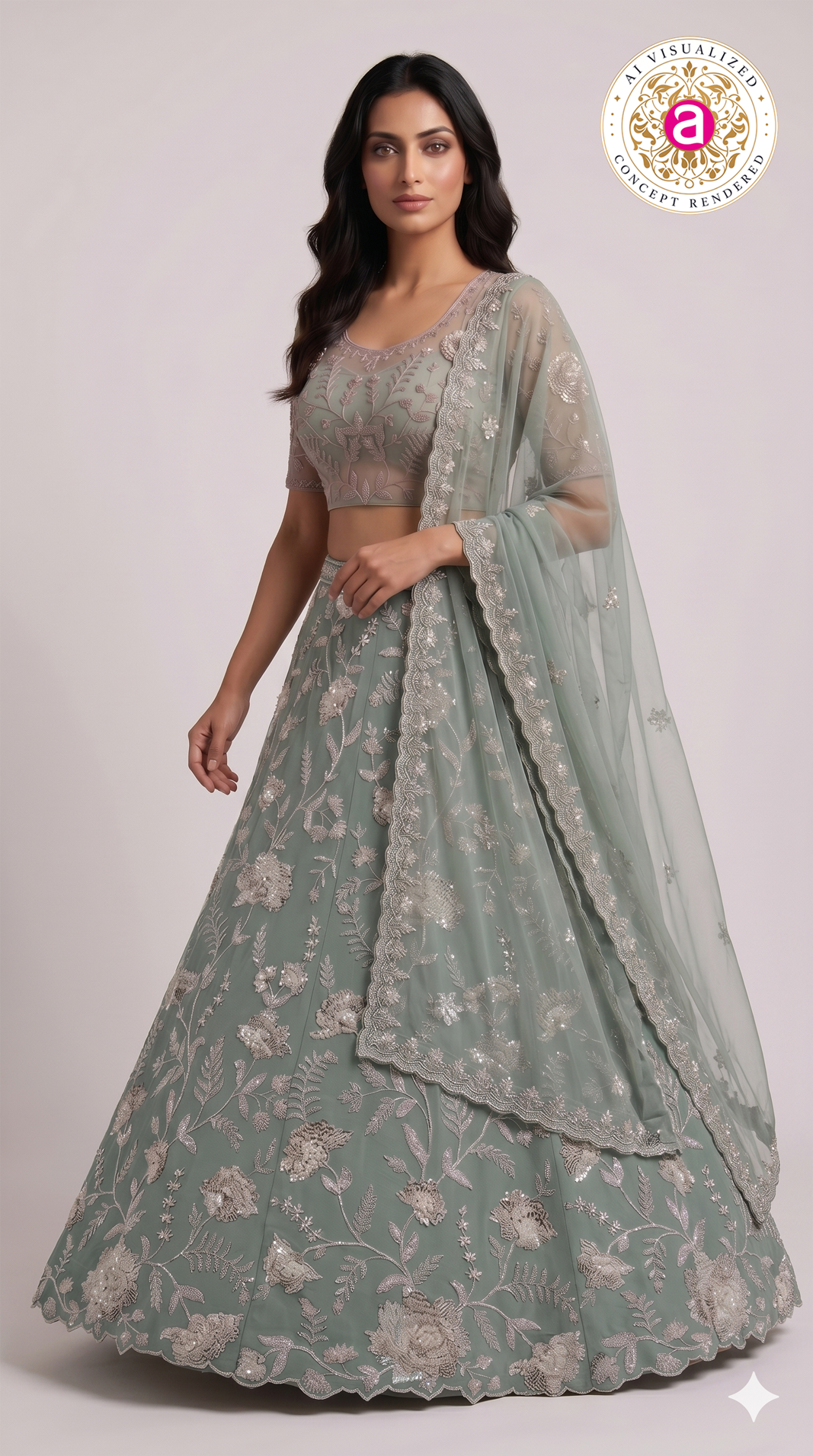 Sage Green Floral Embroidered Designer Lehenga Set with Net Dupatta