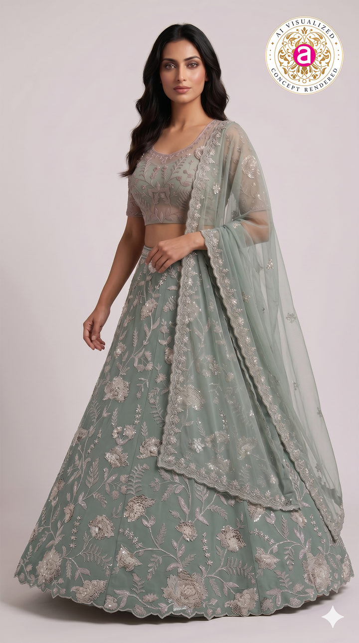 Sage Green Floral Embroidered Designer Lehenga Set with Net Dupatta