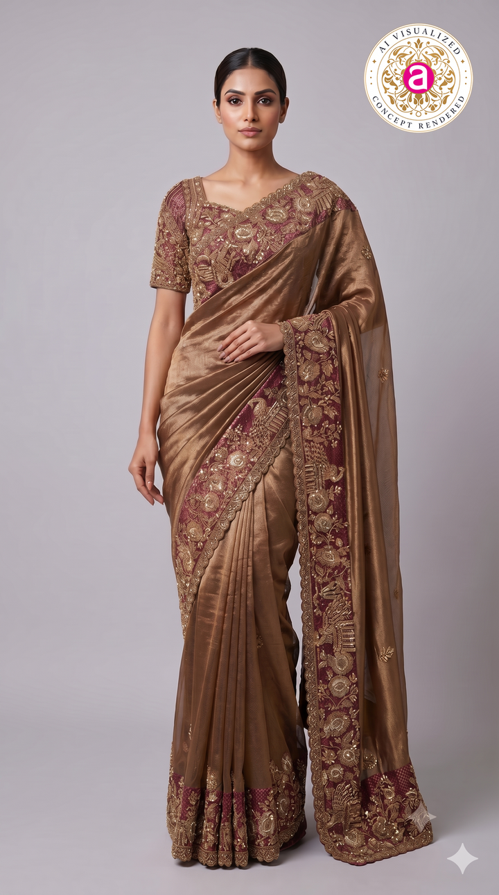 Copper Gold Designer Saree with Maroon Heritage Embroidered Border