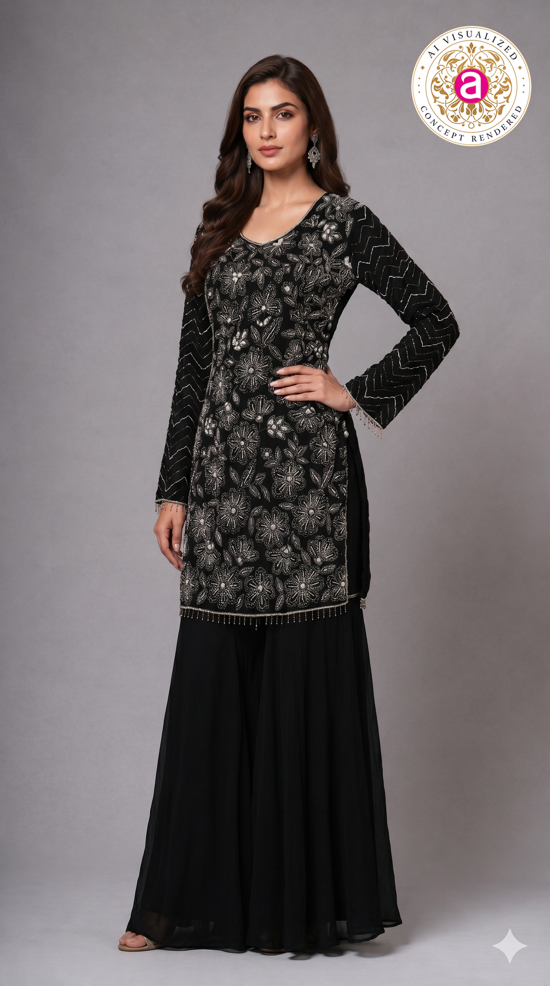 Black Embroidered Kurta Sharara Set
