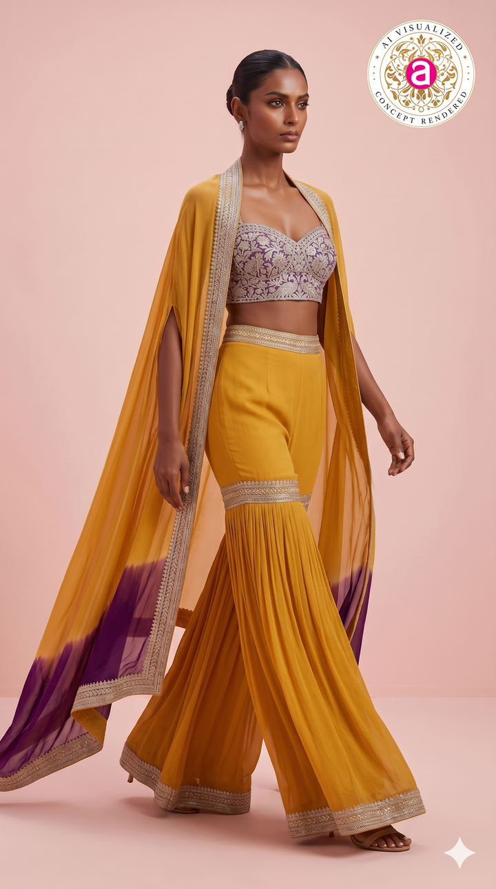Mustard Yellow Indo-Western Sharara Set with Embroidered Cape Dupatta