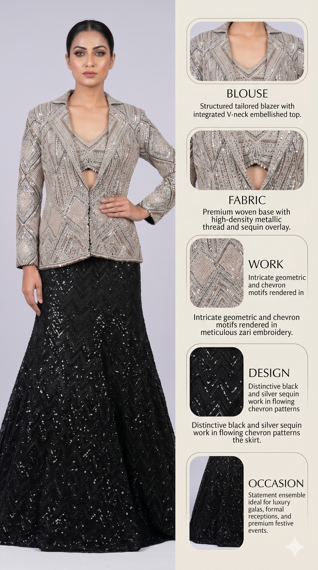 Silver Embellished Structured Jacket with Black Sequin Mermaid Skirt Set
