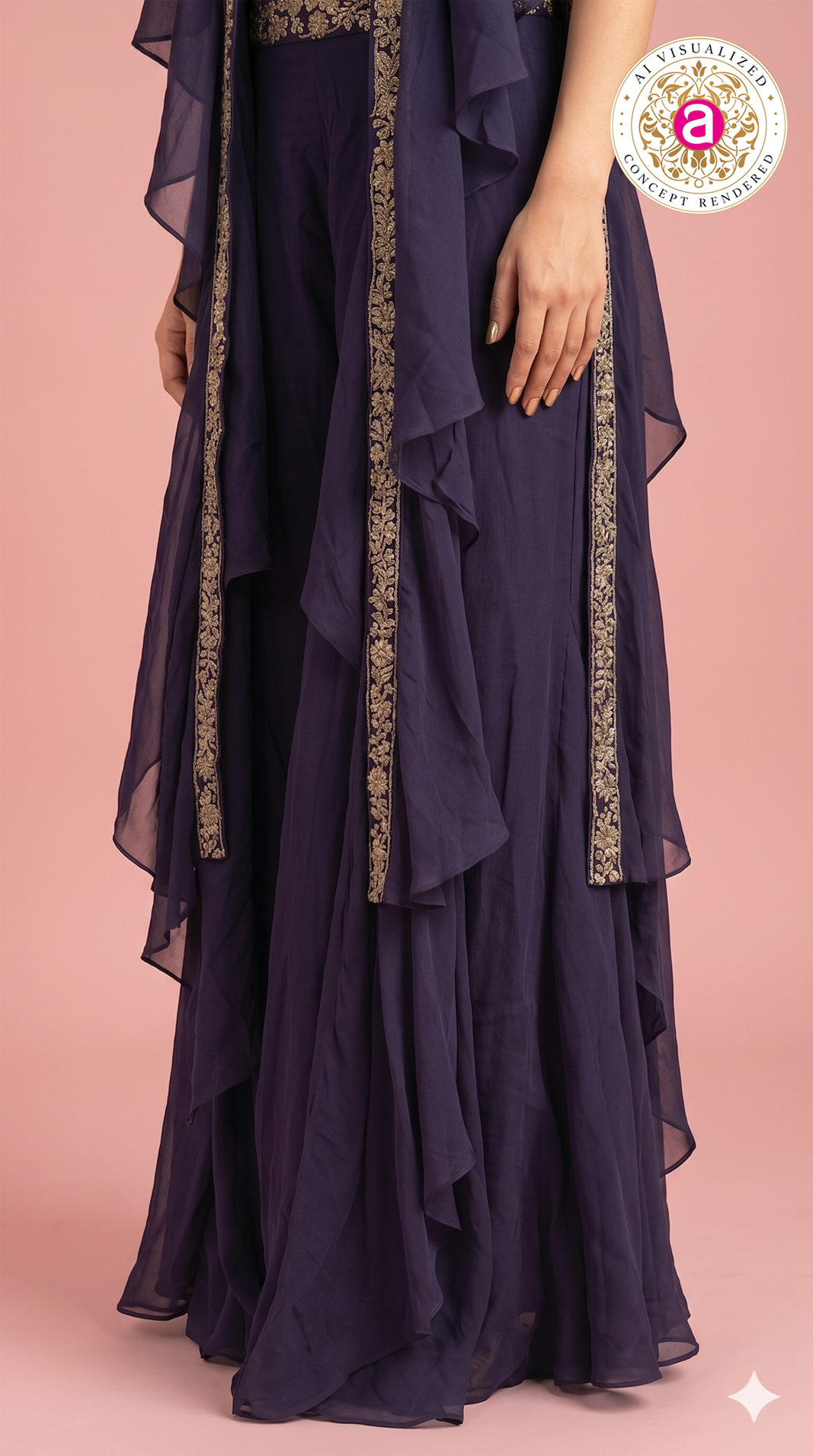 Purple Handwork Palazzo Set with Ruffle Cape Jacket