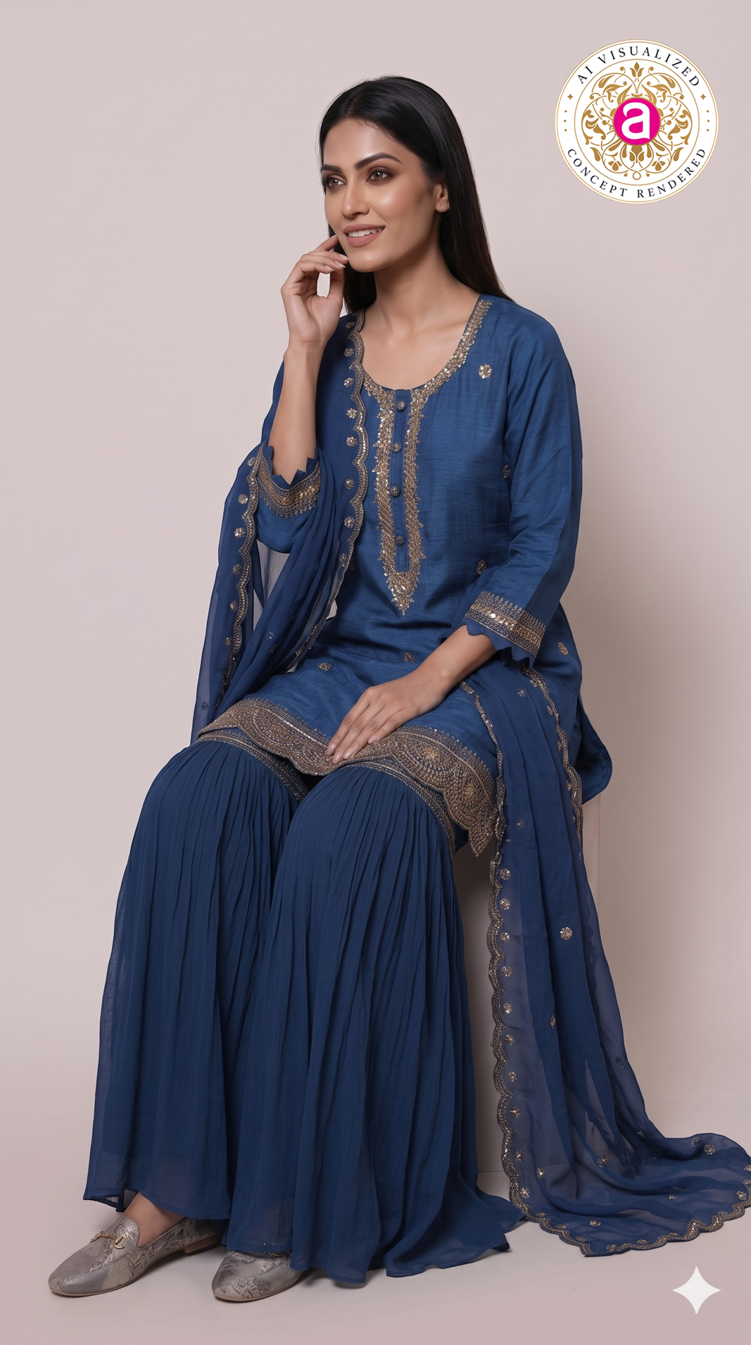 Royal Blue Embroidered Kurta Sharara Set with Dupatta