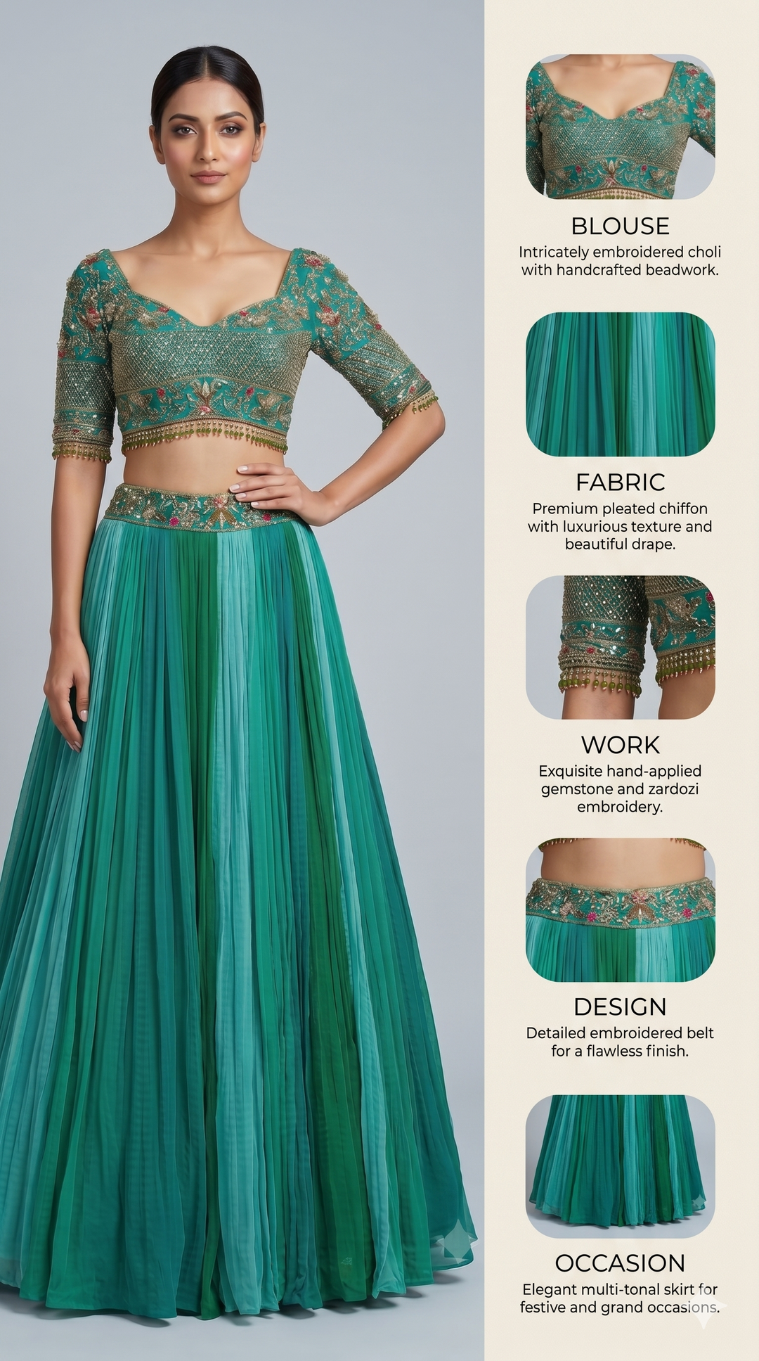 Teal Green Embroidered Crop Top with Pleated Lehenga Skirt