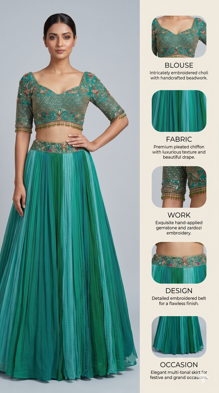 Teal Green Embroidered Crop Top with Pleated Lehenga Skirt