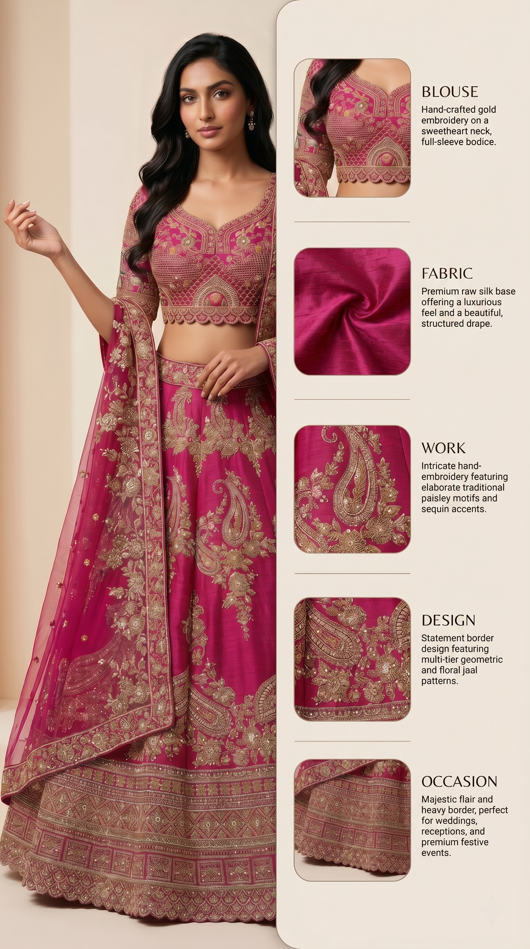 Rani Pink Designer Bridal Lehenga Set with Paisley Zari Embroidery & Embellished Net Dupatta