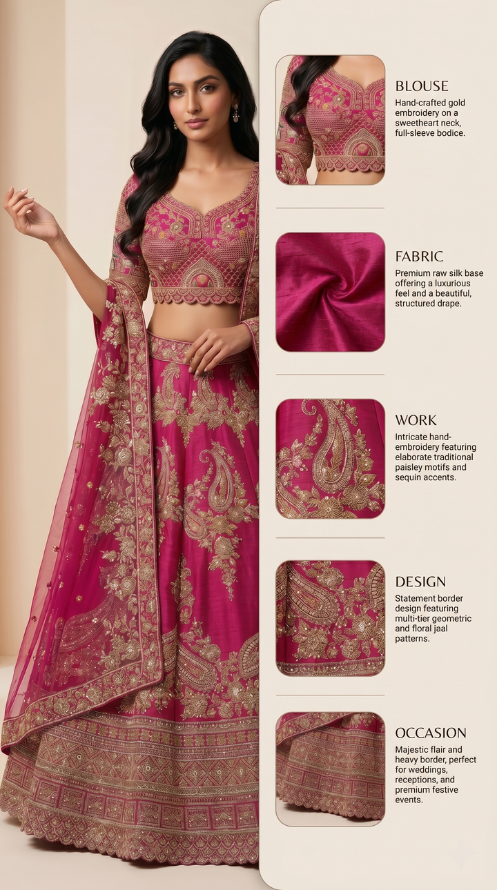 Rani Pink Designer Bridal Lehenga Set with Paisley Zari Embroidery & Embellished Net Dupatta