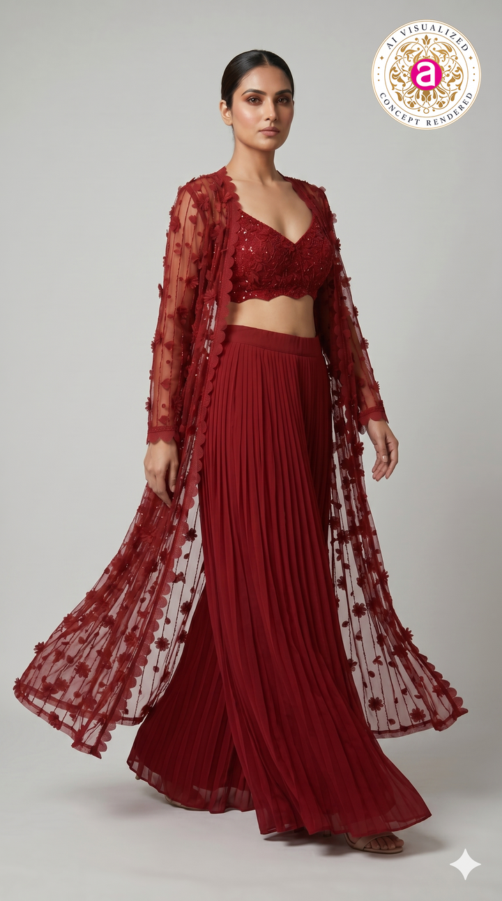 Ruby Red Embroidered Lehenga Set with Sheer Cape Jacket