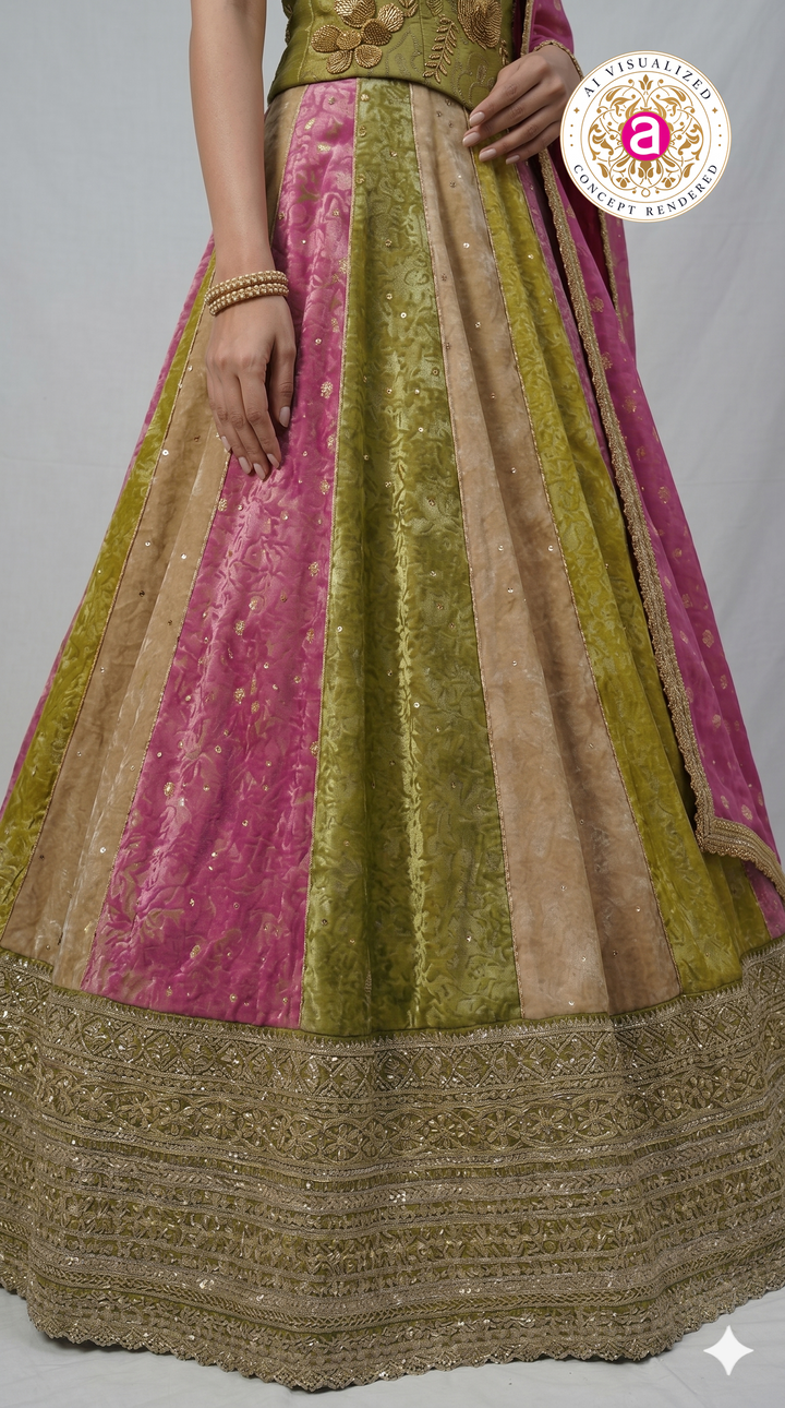 Olive Green & Pink Panelled Designer Lehenga Choli with Embroidered Blouse
