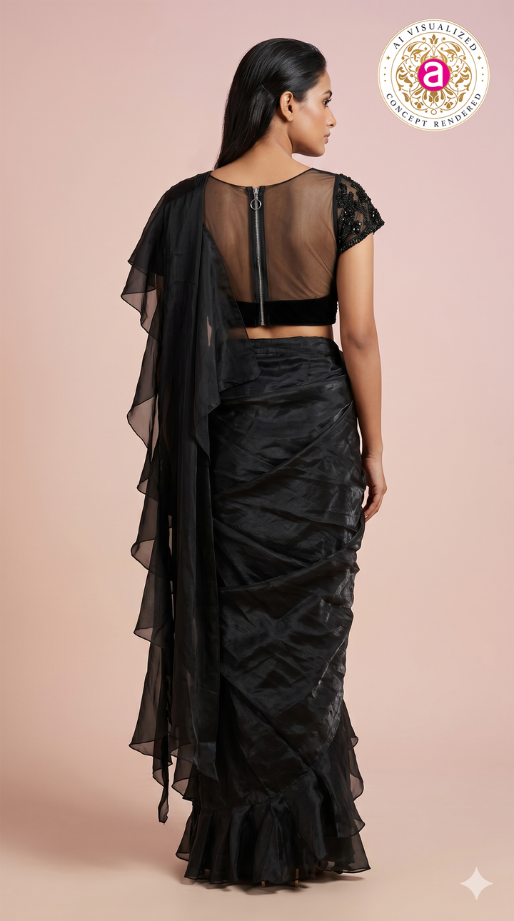 Elegant Black Ruffle Saree with Embellished Blouse