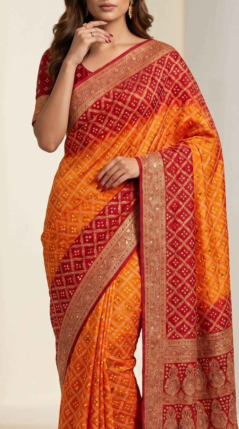Sunset Orange & Crimson Red Bandhani Silk Saree with Zari Border