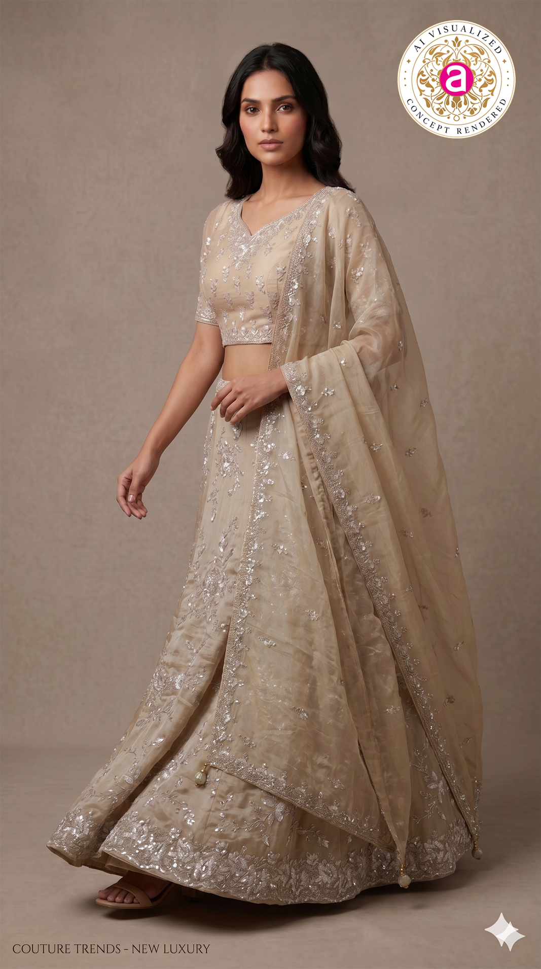 Champagne Beige Designer Embroidered Lehenga Set with Organza Dupatta