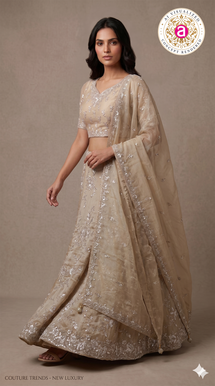 Champagne Beige Designer Embroidered Lehenga Set with Organza Dupatta