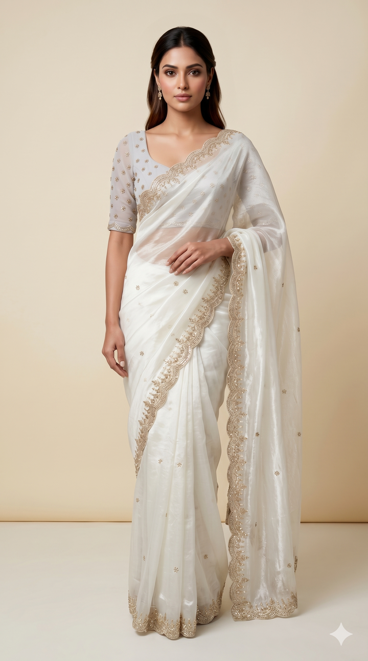 Ivory White Embroidered Organza Saree