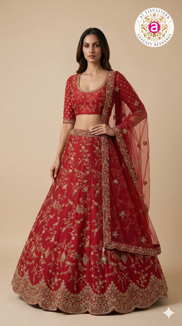 Ruby Red Designer Bridal Lehenga Set with Heavy Zari Embroidery & Net Dupatta