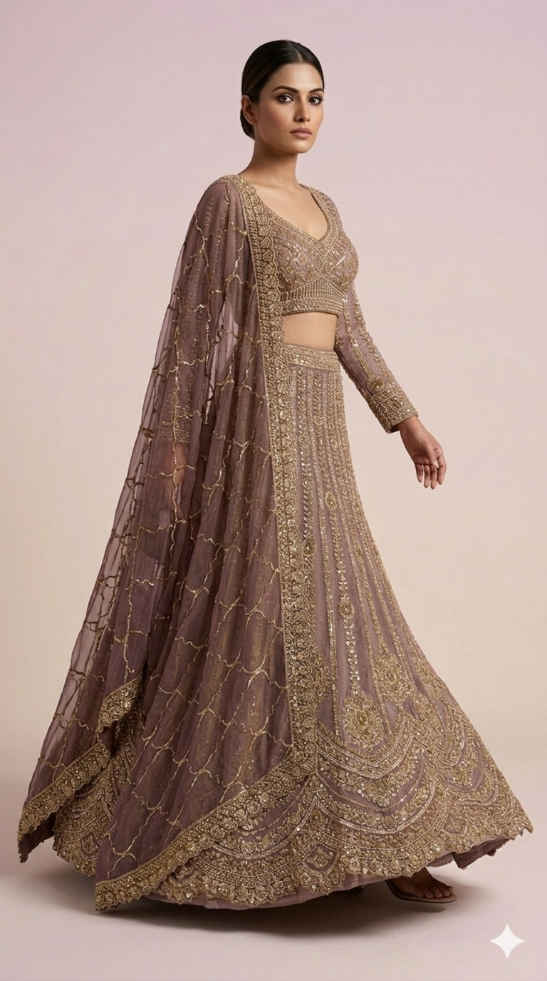Mauve Gold Designer Lehenga Set with Intricate Zari Embroidery & Embellished Dupatta