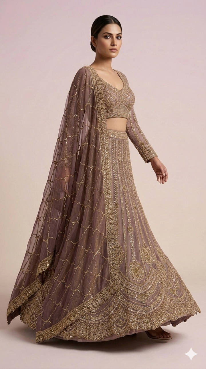 Mauve Gold Designer Lehenga Set with Intricate Zari Embroidery & Embellished Dupatta
