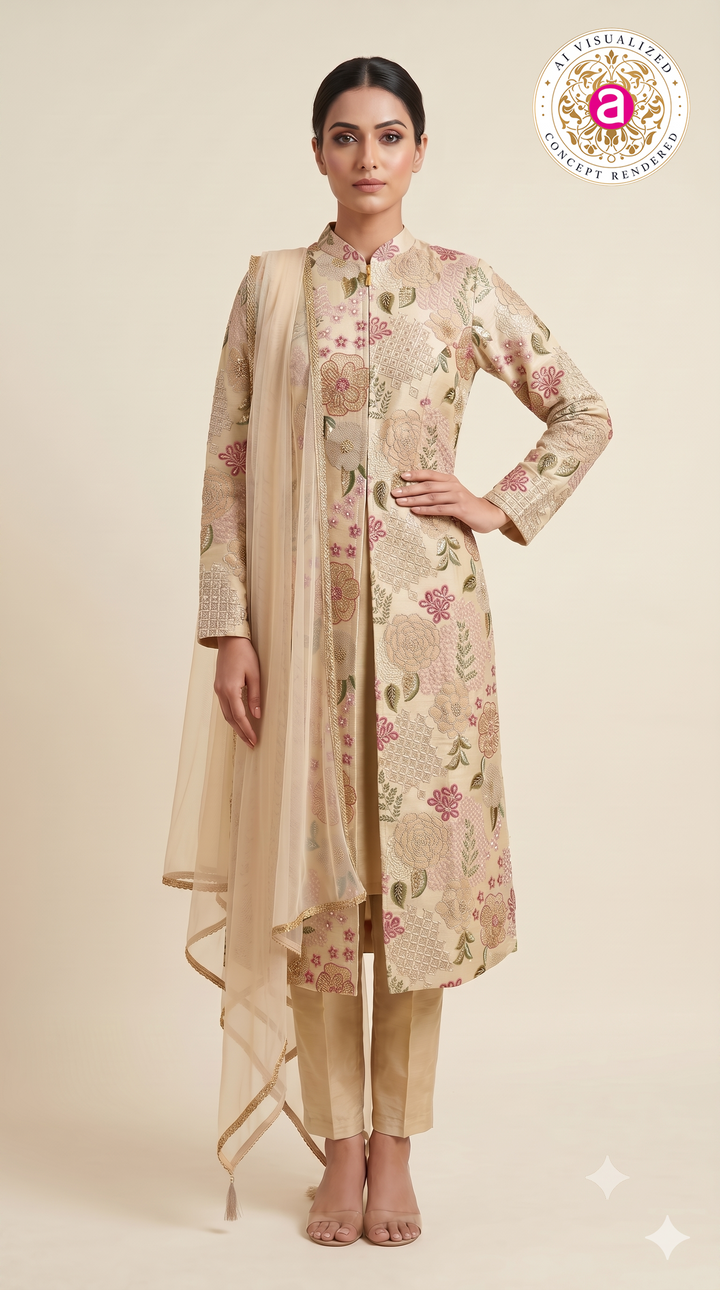 Blush Ivory Floral Embroidered Straight Suit SetBlush Ivory Floral Embroidered Straight Suit Set