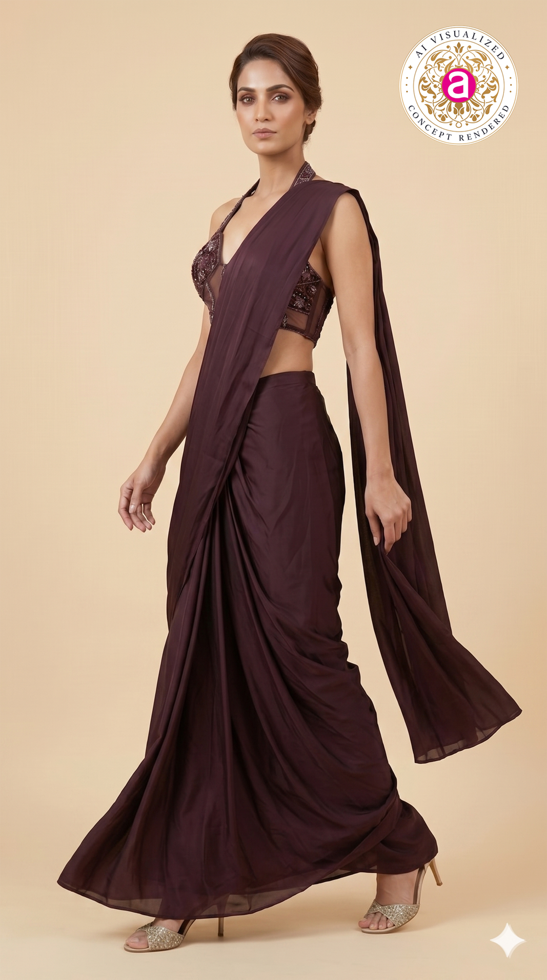 Wine Purple Ready-to-Wear Draped Saree with Embellished Halter Blouse