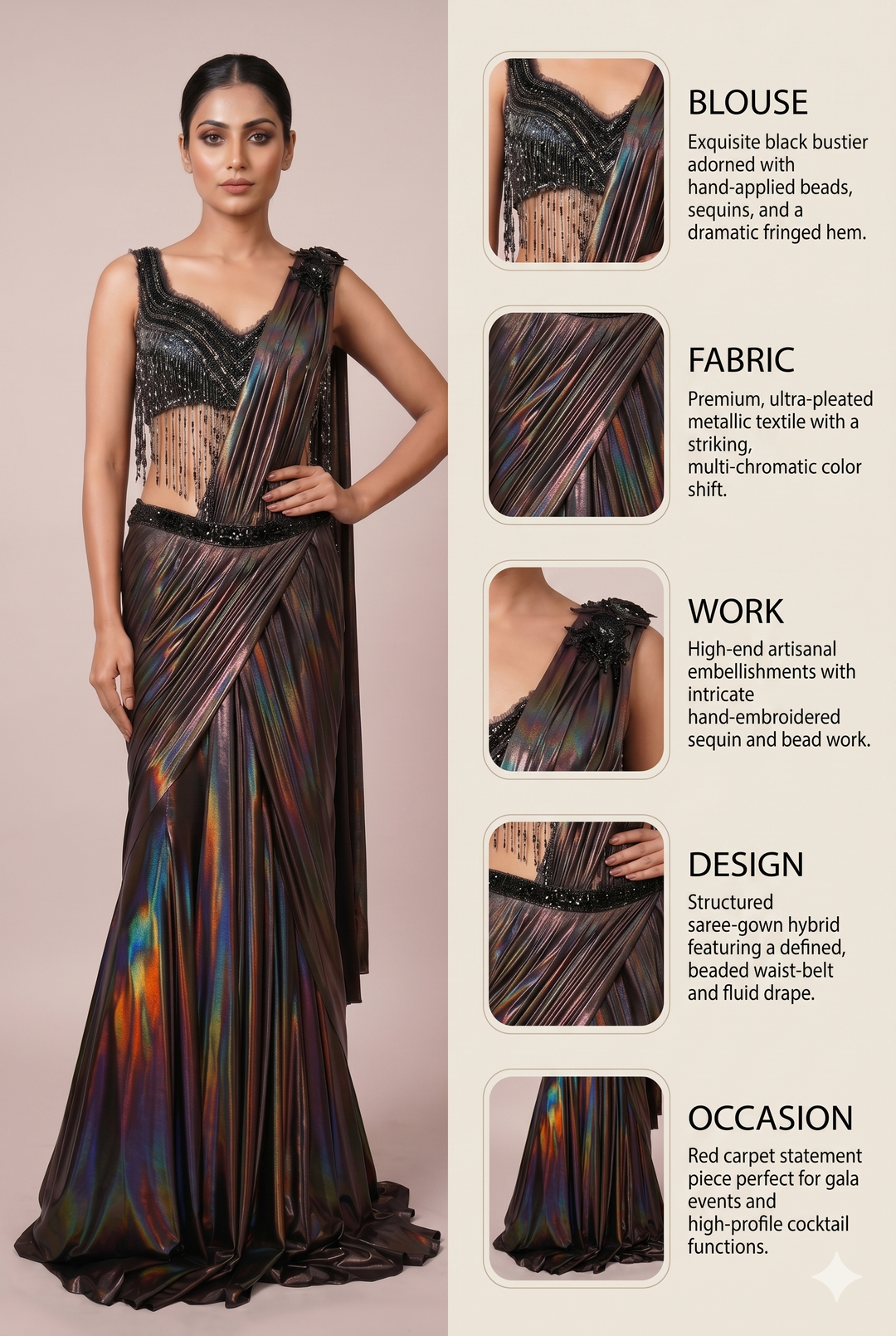 Midnight Prism Ready-to-Wear Metallic Saree with Fringe Designer Blouse