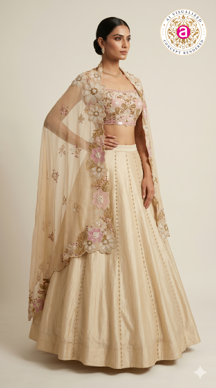 Ivory Floral Embroidered Lehenga Set with Statement Dupatta